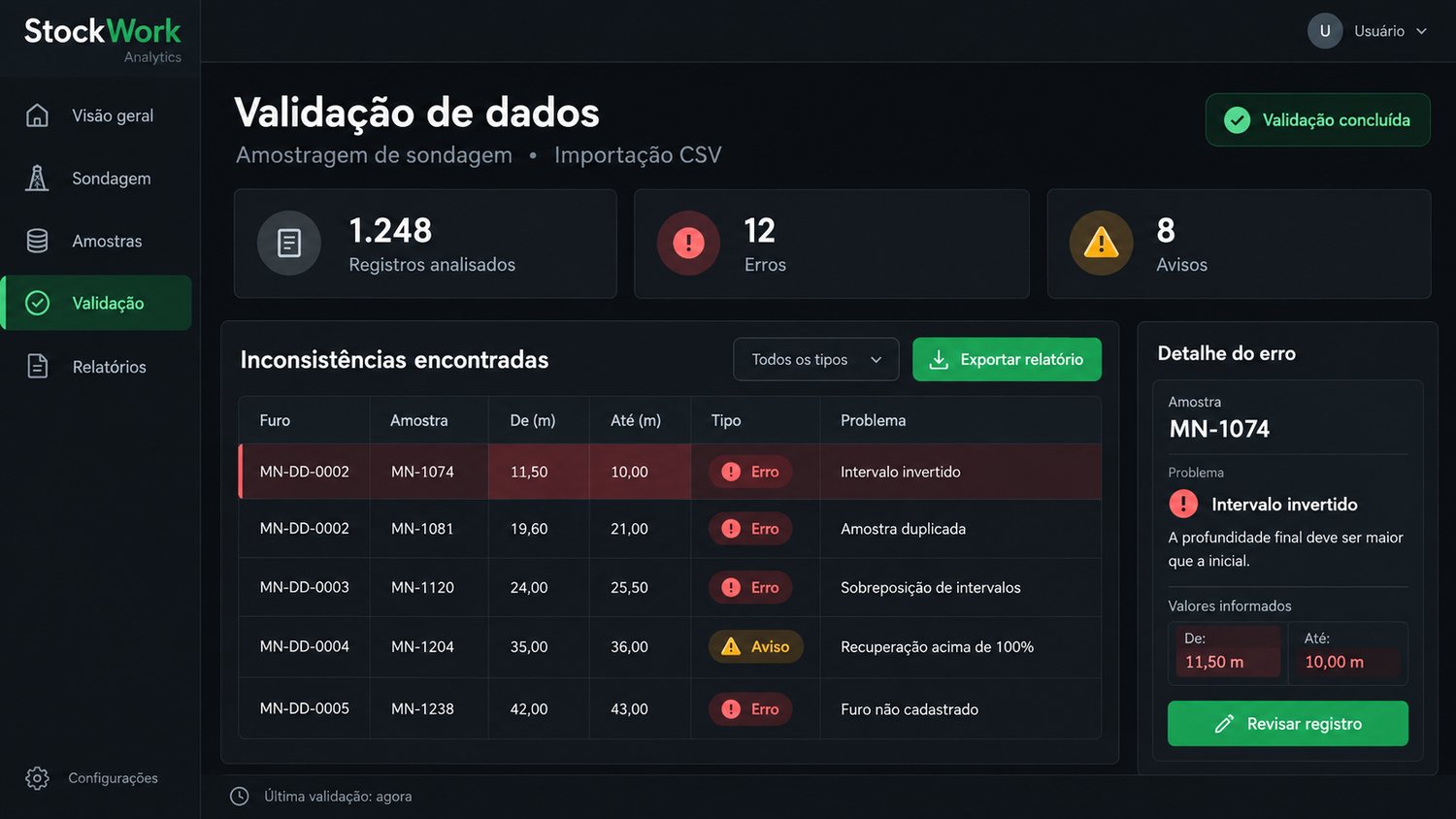 Tela de validação do banco de dados